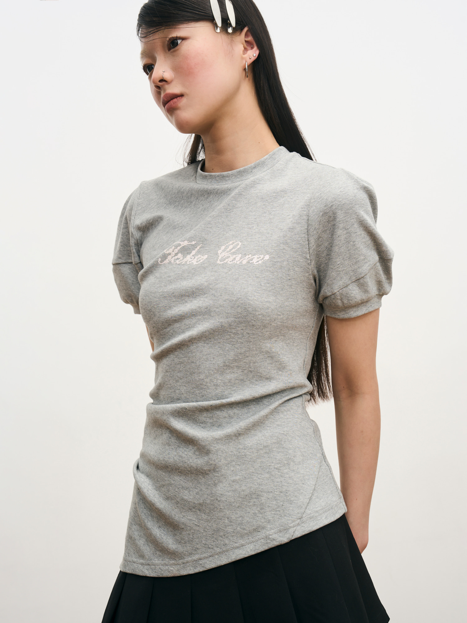 [TAKE CARE]Gray Pearl Printed Deconstructed Oblique T-Shirt