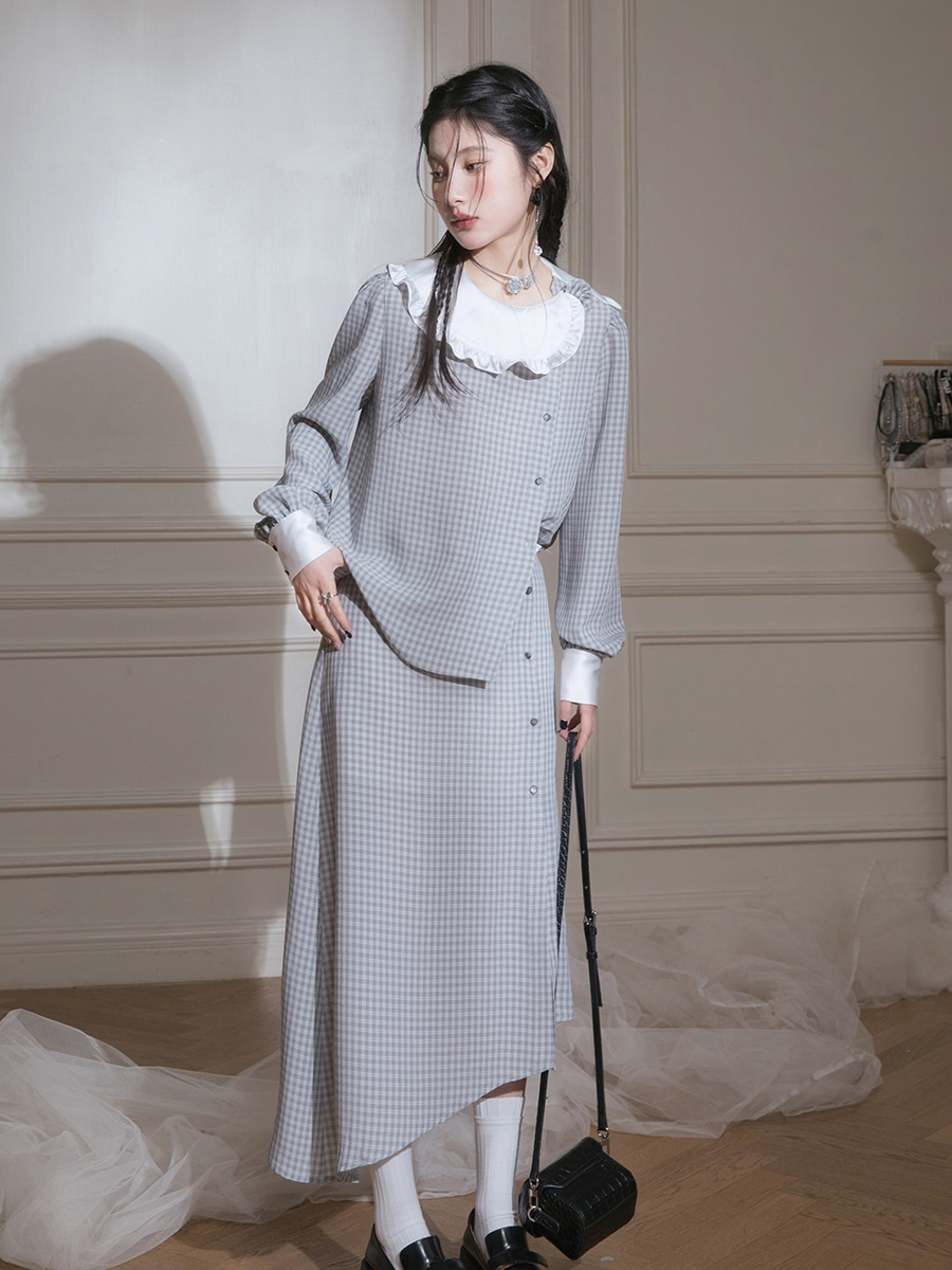 [COTRE]Gray Ink White Check Shirt + Skirt Suit